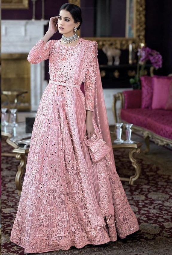 Pakistani Bridal Dress in Double Layered Traditional Pishwas Frock and Pink  Lehenga Style  Nameera by Farooq