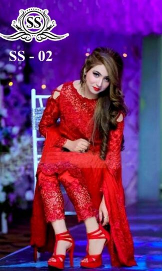SS 02 MBROIDERED RED PAKISTANI SUITS AT BEST PRICE