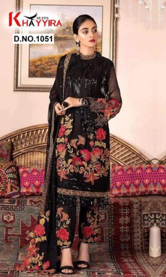 KHAYYIRA SUITS 1051 BLACK PAKISTANI SUITS AT WHOLESALE PRICEKHAYYIRA SUITS 1051 BLACK PAKISTANI SUITS AT WHOLESALE PRICE