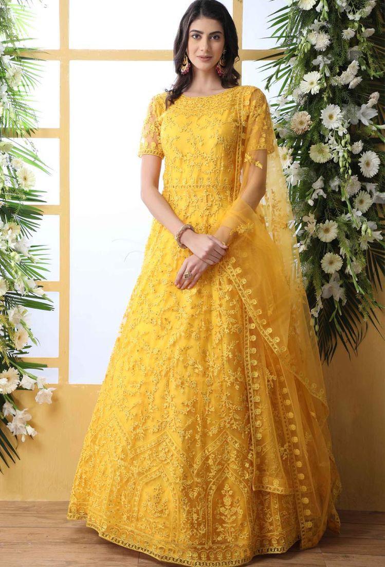 Yellow Thread Embroidered Net Party Wear Anarkali Gown With