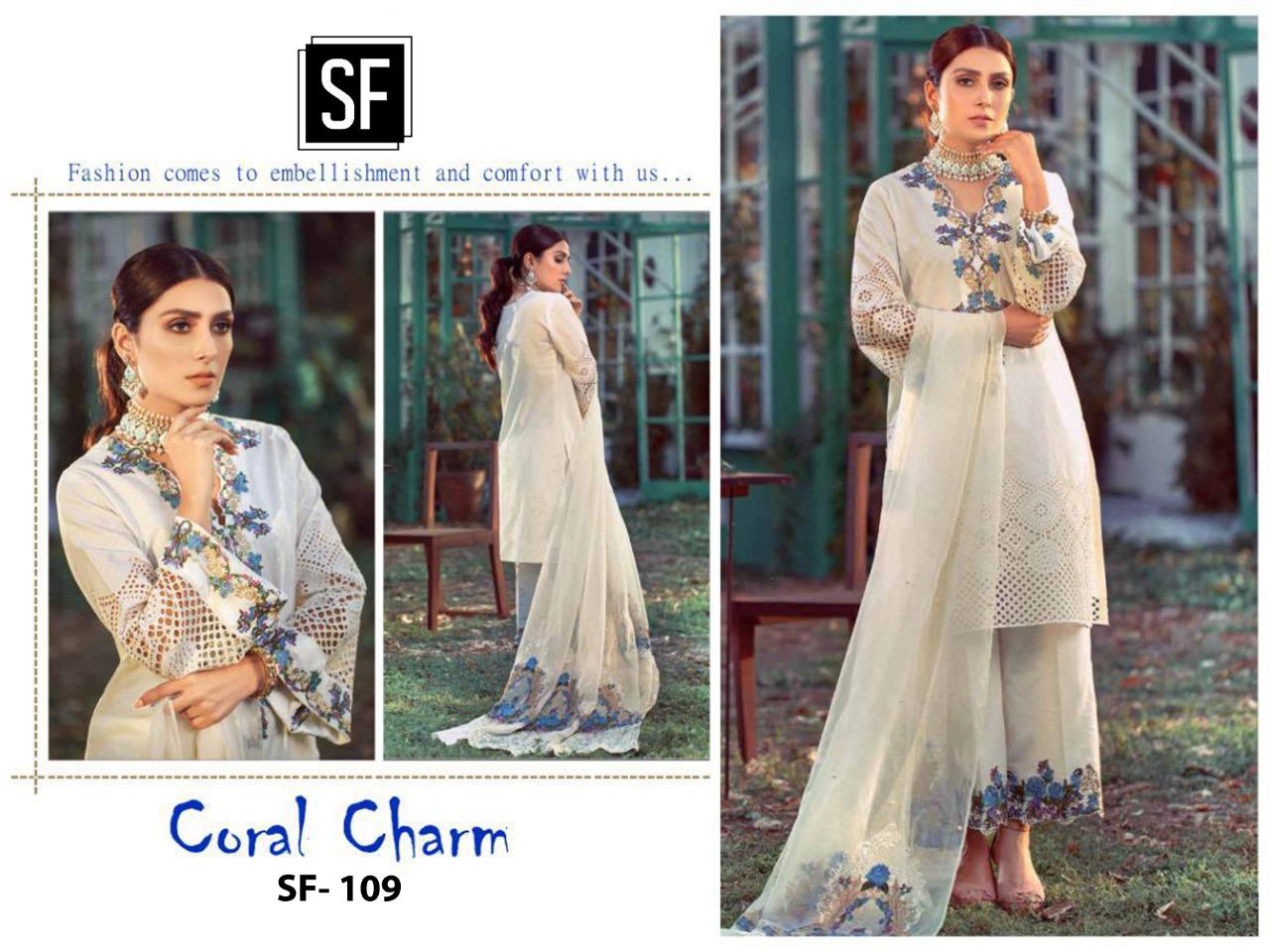 SF CORAL CHARM SF 109 WHITE PAKISTANI SUITS AT WHOLESALE PRICE