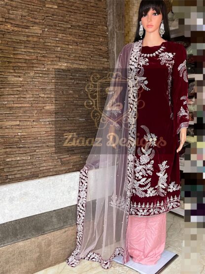 ZIAAZ MARIA B VELVET RED PAKISTANI SUITS MANUFACTURER