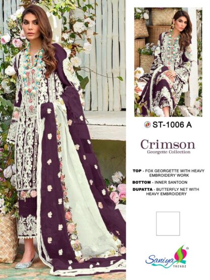 SANIYA TRENDZ ST 1006 A CRIMSON PAKISTANI SUITS WHOLESALER