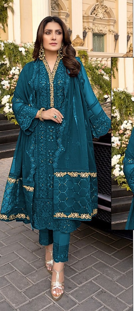 Turquoise Embroidered Pakistani Style Silk Anarkali Suit - Vega Fashion -  3761397