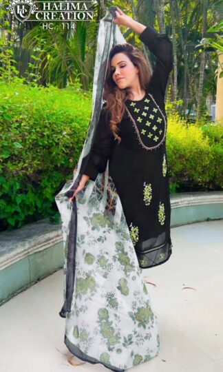 HALIMA CREATION HC 114 BLACK AND GREEN PAKISTANI DESIGNER KURTIS