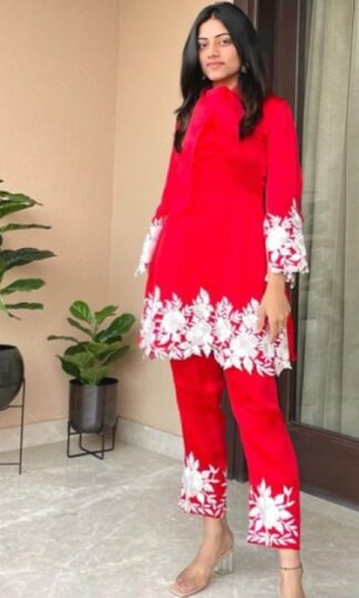 THE LIBAS COLLECTION HEAVY SATEEN TOP WITH FANCY MOTI RED SUIT