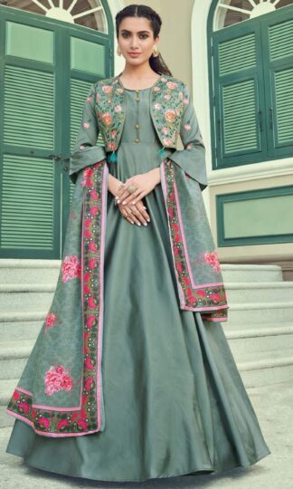 THE LIBAS COLLECTION GREEN EMBROIDERED PARTY WEAR FLORAL TAFFETA GOWN