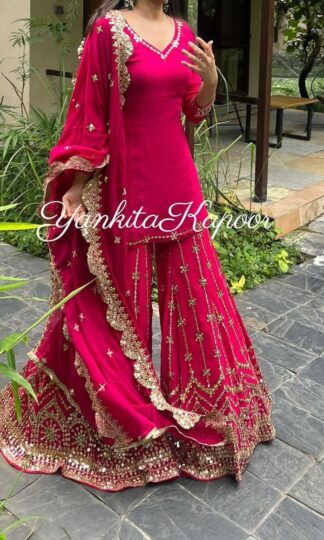 THE LIBAS COLLECTION 1464 RED DESIGNER HEAVY TOP PLAZZP WITH DUPATTATHE LIBAS COLLECTION 1464 RED DESIGNER HEAVY TOP PLAZZP WITH DUPATTA