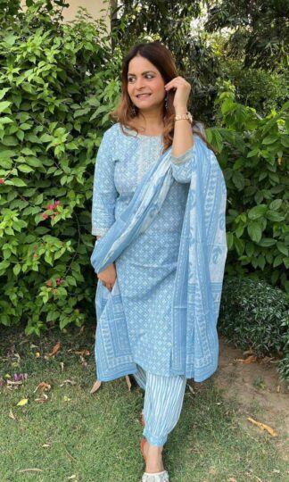 THE LIBAS COLLECTION PRINTED SKY BLUE KURTI WITH PANT