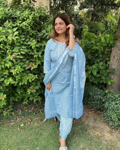 THE LIBAS COLLECTION PRINTED SKY BLUE KURTI WITH PANT