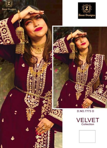 ZIAAZ DESIGNS 7773 D MAROON MIRROR VELVET PAKISTANI SUITS ONLINE