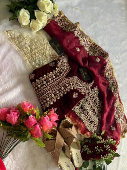 ZIAAZ DESIGNS 7773 D MAROON MIRROR VELVET PAKISTANI SUITS ONLINE