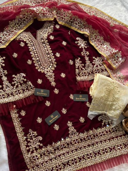 ZIAAZ DESIGNS 7773 D MAROON MIRROR VELVET PAKISTANI SUITS ONLINE - Image 2