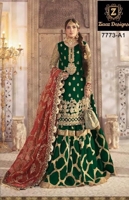 ZIAAZ DESIGNS 7773 A1 GREEN MARIAB MBROIDERED PAKISTANI SUITS ONLINE