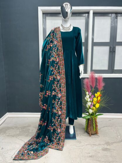 THE LIBAS COLLECTION PEACOCK BLUE VELVET ANARKALI GOWN FOR LADIES