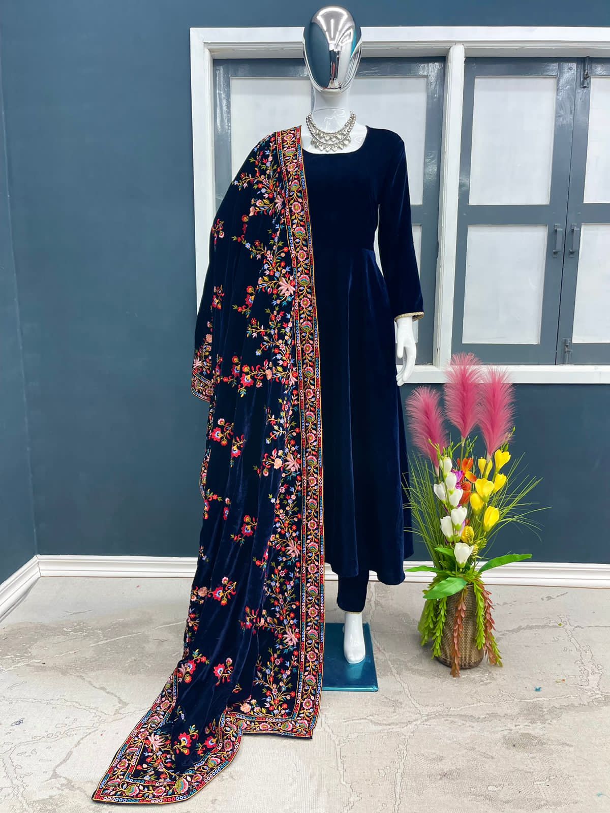 Women Black Velvet Embroidered Pocket Anarkali Dress