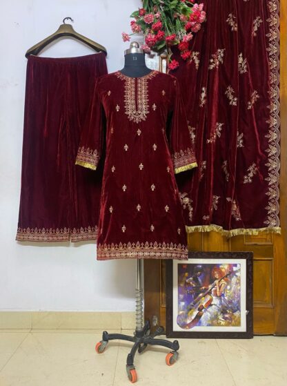 THE LIBAS COLLECTION MAROON VELVET EMBROIDERY WORK PLAZZO