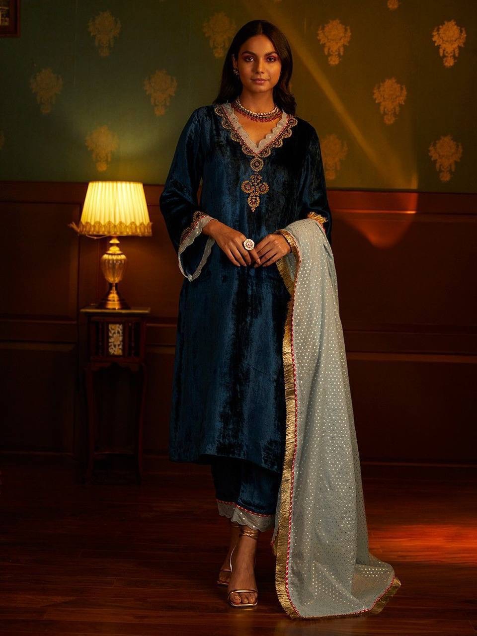 SDC COLLECTIONS PREMIUM QUALITY TEAL BLUE VELVET SUIT WITH DUPPATTA FO –  www.soosi.co.in