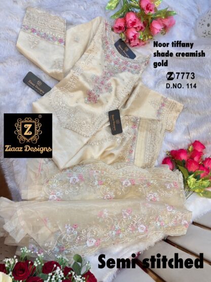 ZIAAZ DESIGNS 7773 NOOR TIFFANY 114 CREAMISH GOLD PAKISTANI SUITS