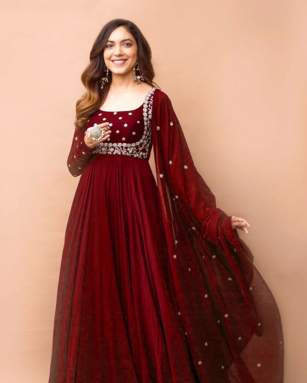 1533936: Party Wear Red and Maroon color Satin Silk fabric Gown