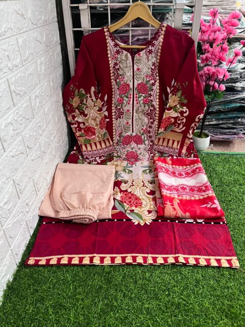 THE LIBAS COLLECTION RED READYMADE FULL STICHED EMBROIDERY KURTI