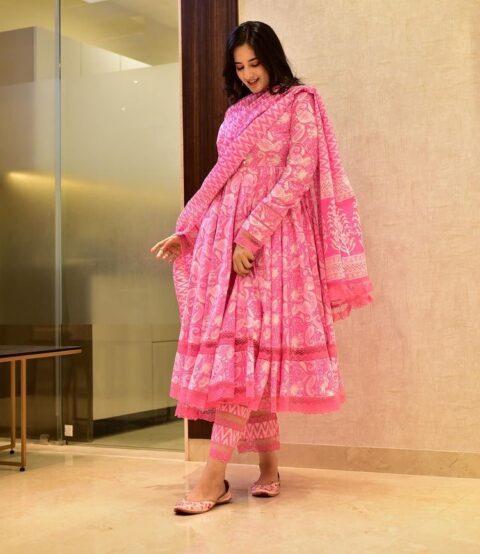 THE LIBAS COLLECTION PINK DESIGNER PRINTED ANARKALI GOWN