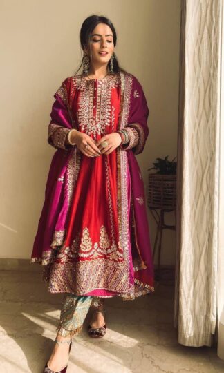 THE LIBAS COLLECTION RED EMBROIDERED BUTTER SILK GOWNTHE LIBAS COLLECTION RED EMBROIDERED BUTTER SILK GOWN