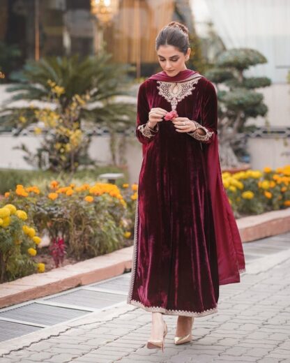 VRINDAVAN FASHION LC 929 MAROON VELVET KURTA PLAZZO FOR LADIES