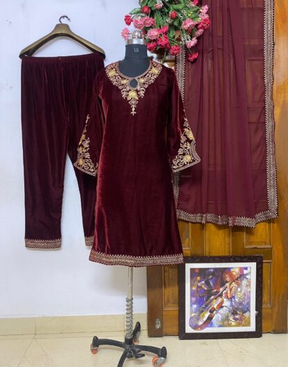 VRINDAVAN FASHION LC 929 MAROON VELVET KURTA PLAZZO FOR LADIES