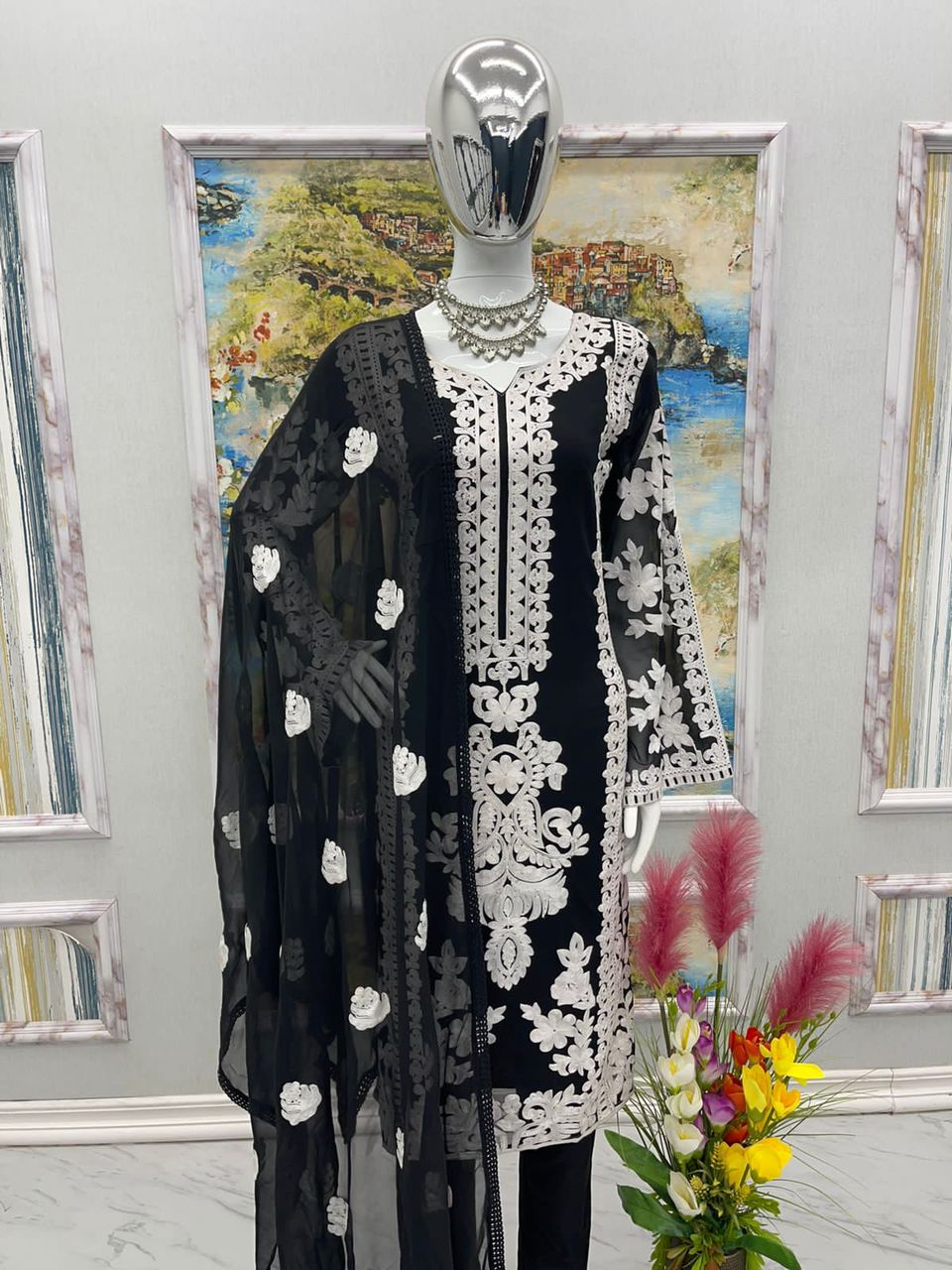 BLACK & WHITE - PARTY WEAR NAYRA CUT SALWAR SUIT WITH PARALLEL CUT PAN