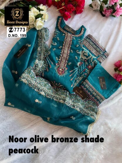 ZIAAZ DESIGNER 7773 NOOR OLIVE BRONZE 199 PEACOCK LATEST PAKISTANI SUITS