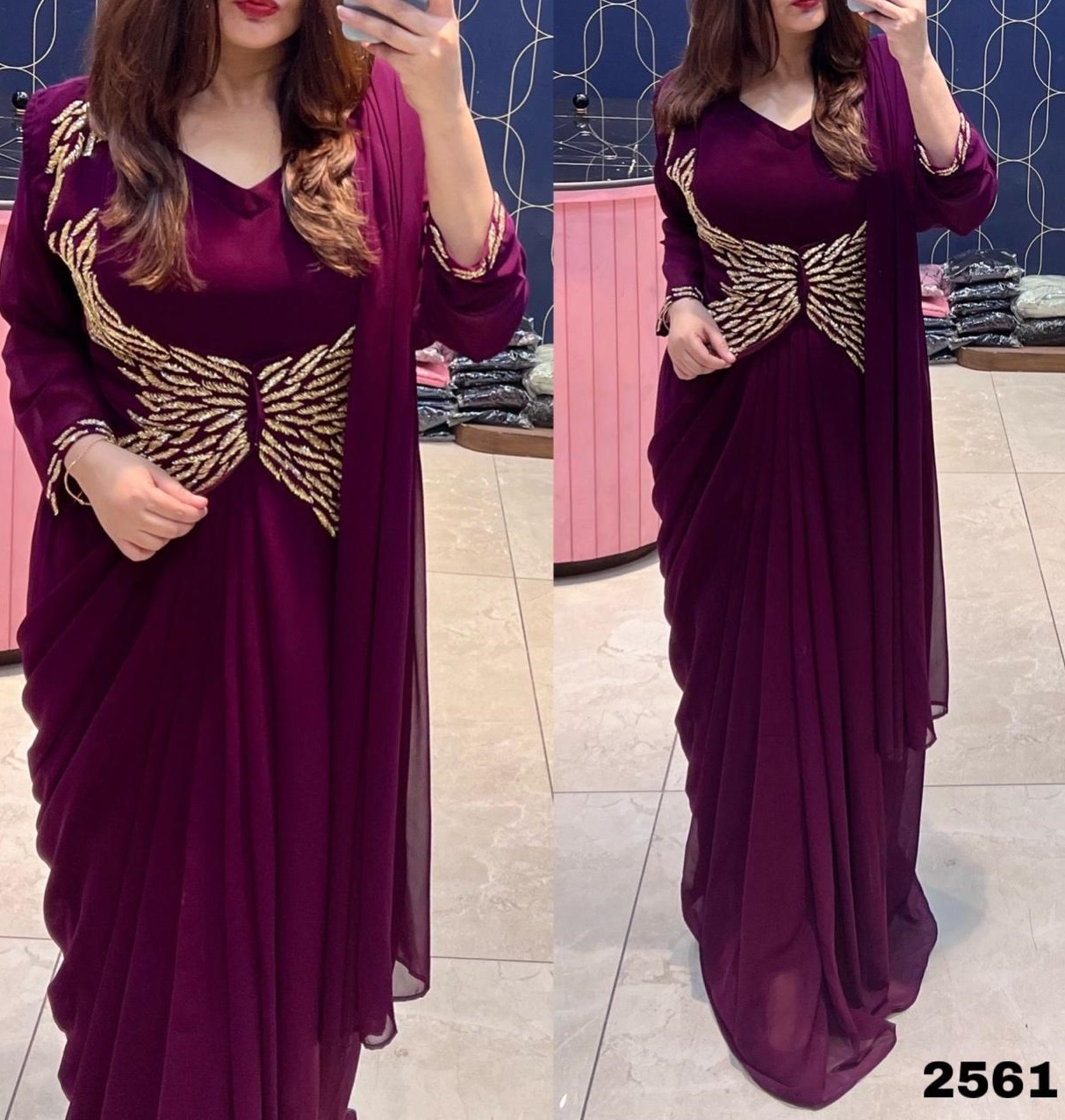 Simple And Elegant Purple Georgette Silk Long Ready Made Designer Gown