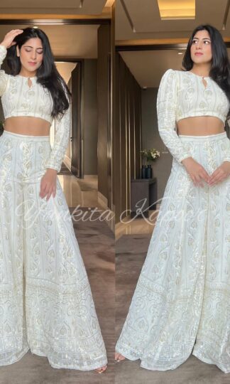 THE LIBAS COLLECTION WHITE EID SPECIAL PARTY WEAR PLAZZO WITH CHOLI SETTHE LIBAS COLLECTION WHITE EID SPECIAL PARTY WEAR PLAZZO WITH CHOLI SET
