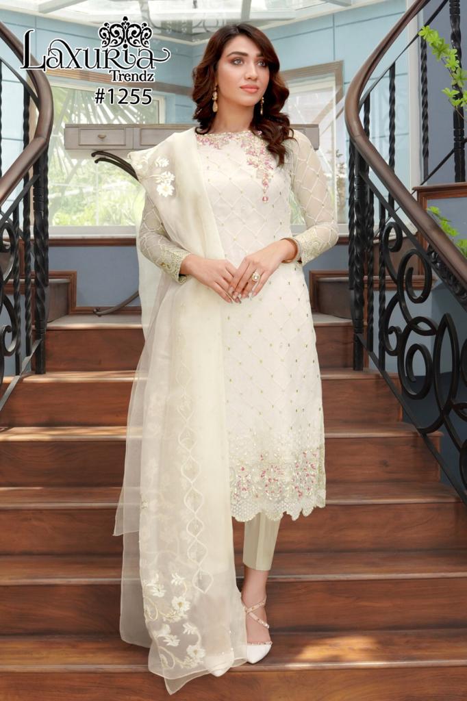 Buy womens Georgette White Designer gown style salwar suit/heavy/With Pom  Pom Fancy Latkhan And Broder/With Digital Flowers Dupatta at Amazon.in