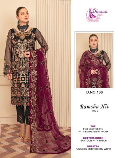 DINSAA SUITS 136 RAMSHA HIT VOL 2 PPAKISTANI SALWAR KAMEEZ WITH PRICE