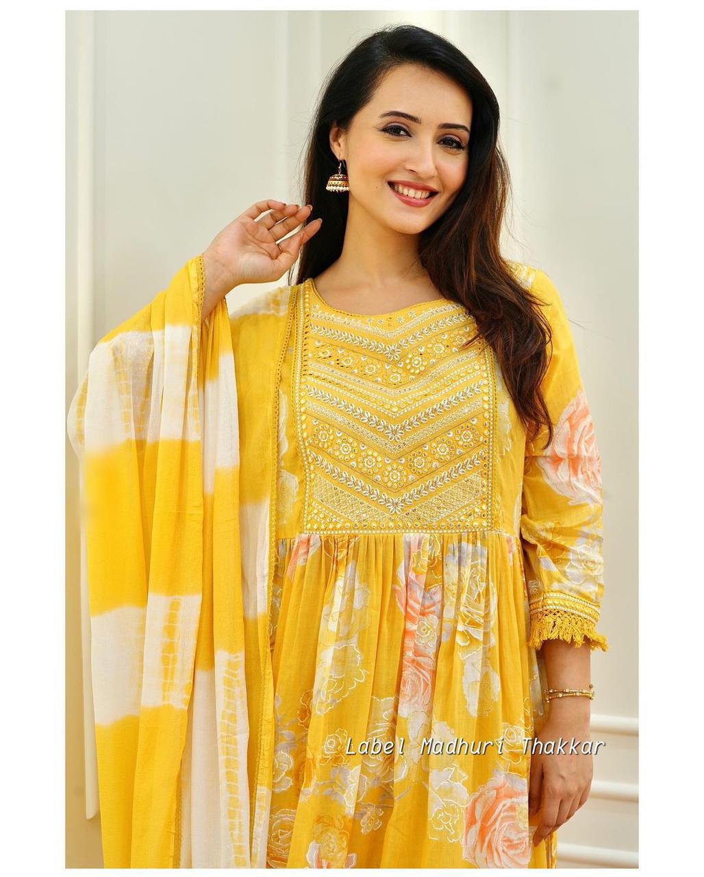 Cream-coloured and mustard yellow Floral printed Cotton kurti!! – Royskart