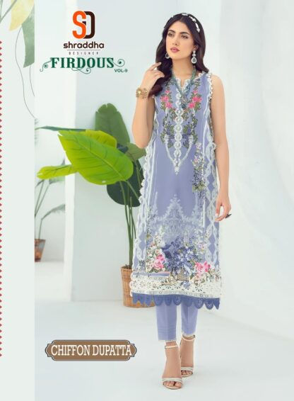 SHRADDHA DESIGNER 9001 FIRDOUS VOL 09 SKY BLUE PAKISTANI SUITS WITH PRICE