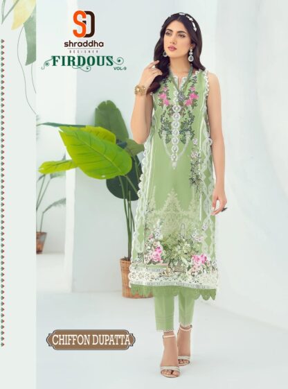 SHRADDHA DESIGNER 9001 FIRDOUS VOL 09 PISTA GREEN PAKISTANI SUITS