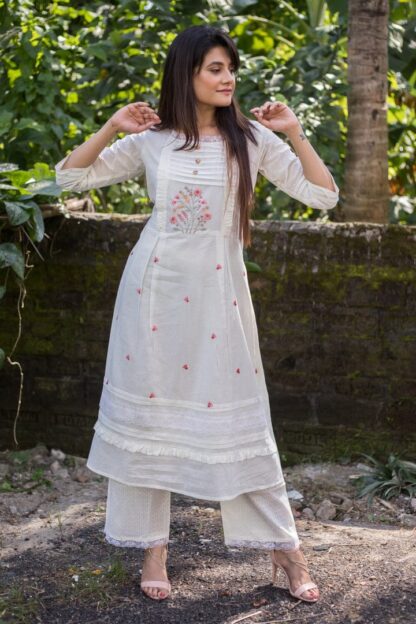 THE LIBAS COLLECTION WHITE MUL COTTON EMBROIDERY LACE KURTA PANT SET