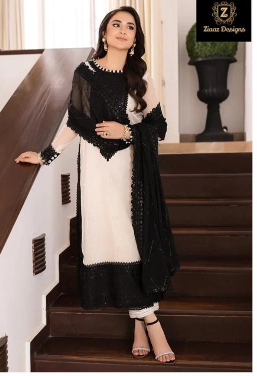 White Color Trending Pakistani Dress With Original Mirror and Thread Work  in USA, UK, Malaysia, South Africa, Dubai, Singapore
