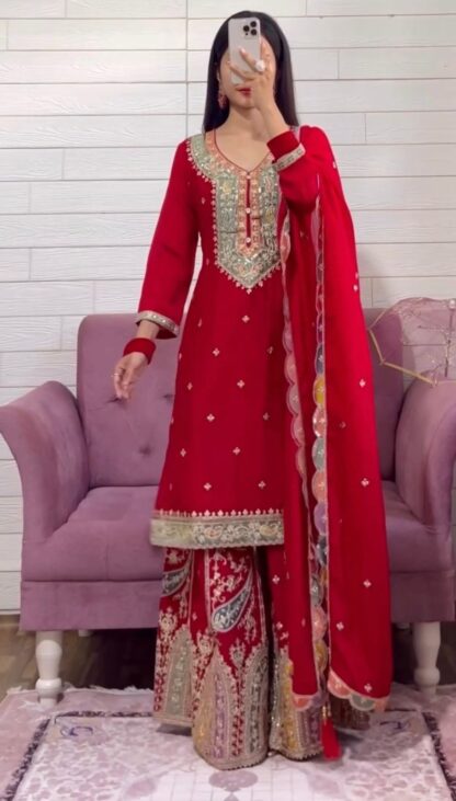 THE LIBAS ZF 377 RED TOP SHARARA DUPATTA SET FOR WOMEN