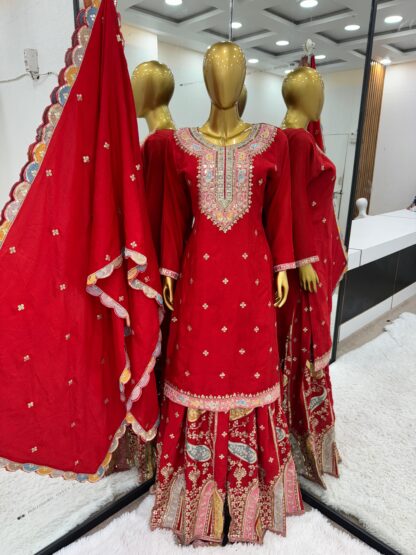 THE LIBAS ZF 377 RED TOP SHARARA DUPATTA SET FOR WOMEN