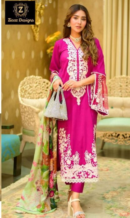 ZIAAZ DESIGNS 597 HOT PINK SEMI STITCHED 7773 PAKISTANI SUITS ONLINE