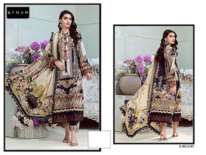 KYNAH hit collection D no-2197 TOP PURE COTTON PRINT WITH EMBRIDERY PATCH BOTTOM SEMILAWN embroidery patch DUPPTA lawn cotton printed & CHIFFON