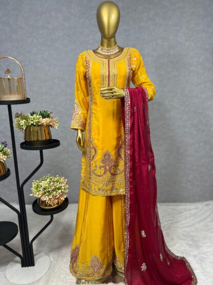 THE LIBAS JD 538 YELLOW PURE CHINON SILK PLAZZO SUITS WHOLESALE (1)