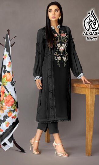 AL QASR MA 77 BLACK STRACHABLE READYMADE KURTI PANT & DUPATTA SETAL QASR MA 77 BLACK STRACHABLE READYMADE KURTI PANT & DUPATTA SET