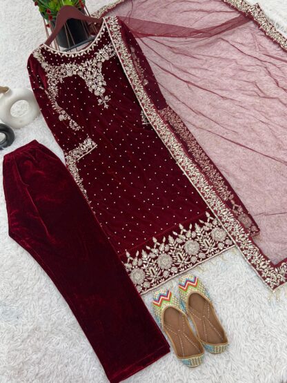 NSR 818 VELVET TOP DUPATTA AND FULLY STITCHED BOTTOM SET