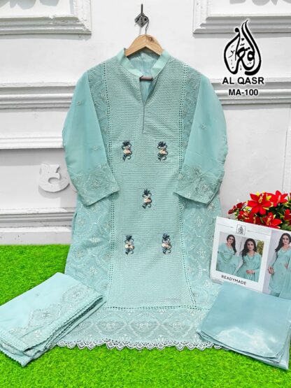 AL QASR MA 100 ELECTRIC BLUE PAKISTANI KURTI ONLINE SUPPLIER