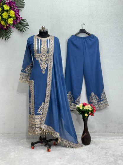 THE LIBAS KF 1628 BLUE FUAX GEORGETTE PAKISTANI SUITS FOR WOMEN