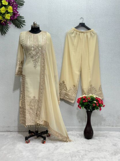 THE LIBAS KF 1628 CREAM FUAX GEORGETTE PAKISTANI SUIT AT BEST PRICE